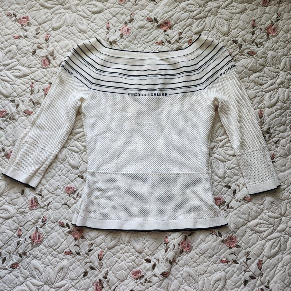 VTG Escada Cruise Off-White Knit Nautical Striped Boatneck Pullover Sweater Sz36